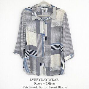 Rose + Olive Plus Size 1X Blue White Patchwork Button Front Blouse